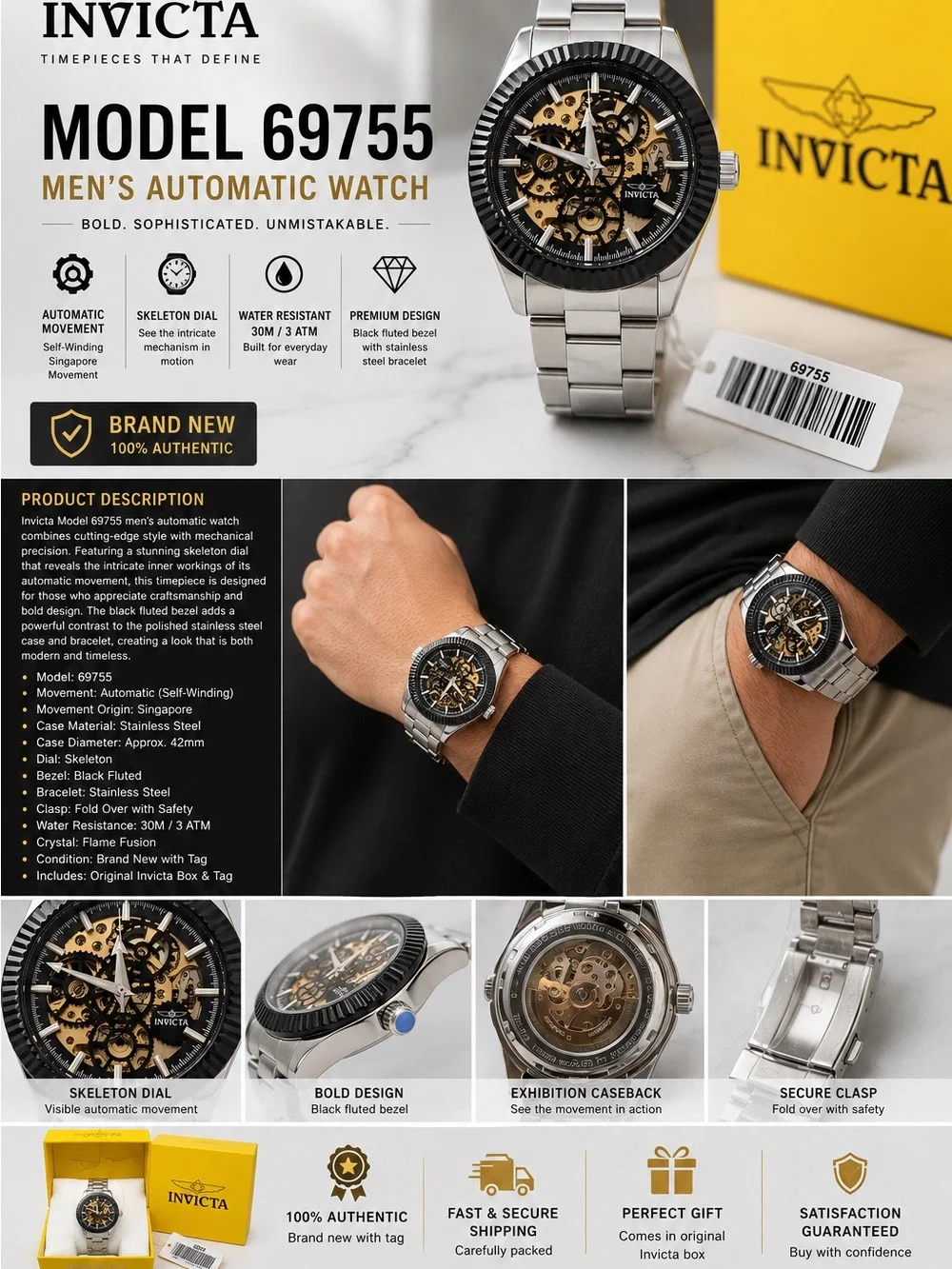 Invicta Men's Skeleton Watch in Silver, Black & Gold